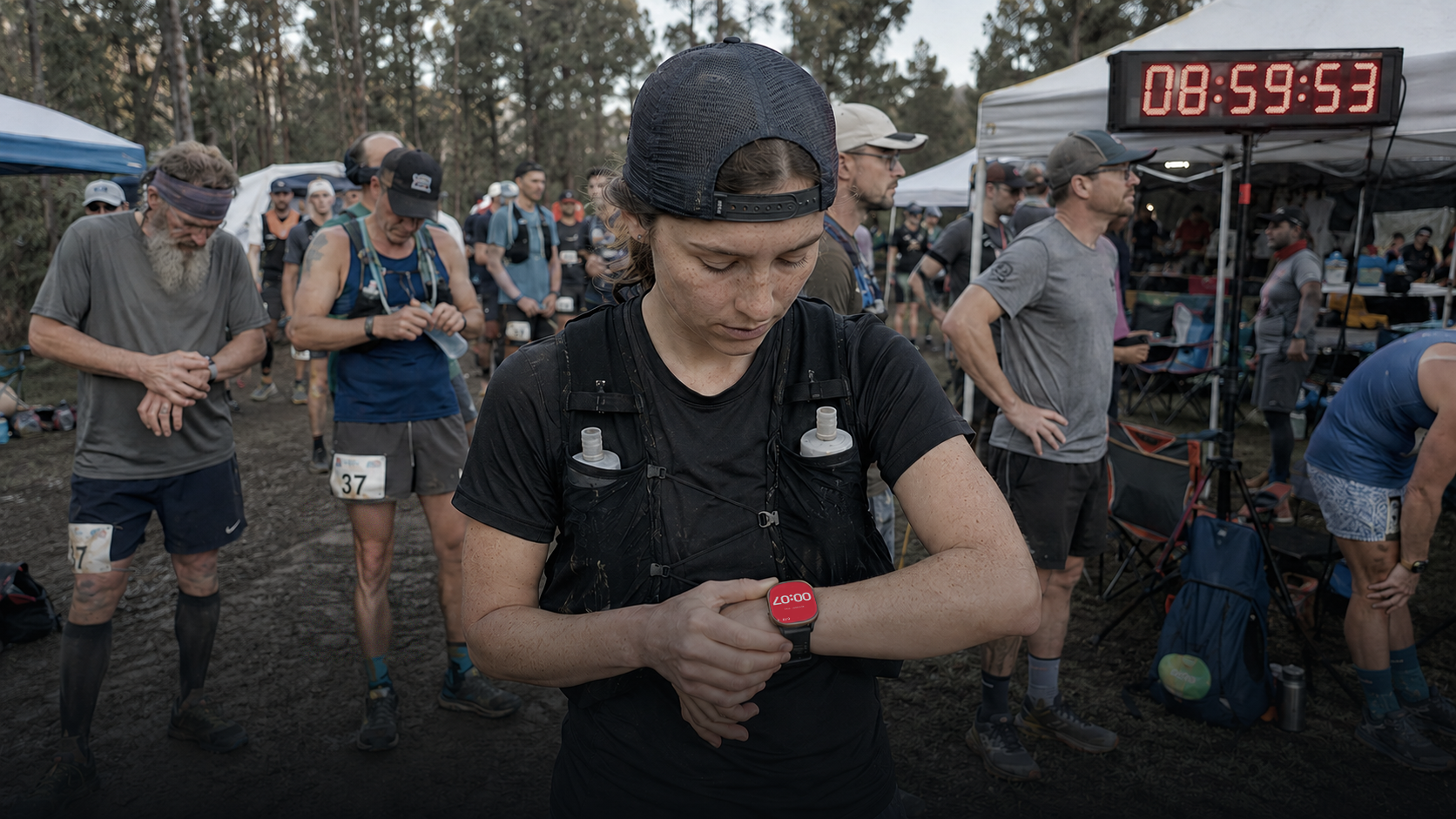 Runner checking her watch with 8 seconds to the start gun at a Backyard Ultra