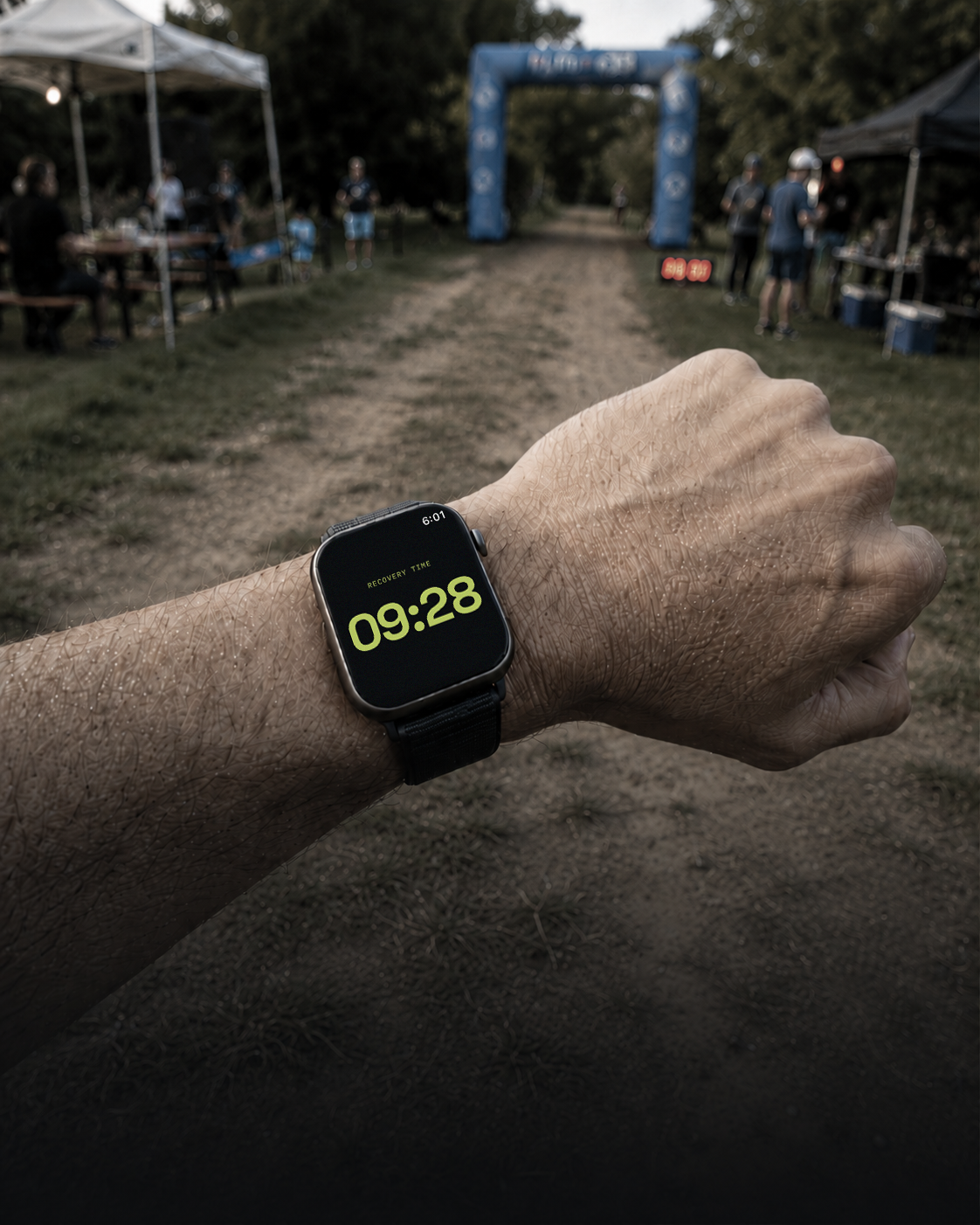 Apple Watch showing 09:28 recovery time at a Backyard Ultra race