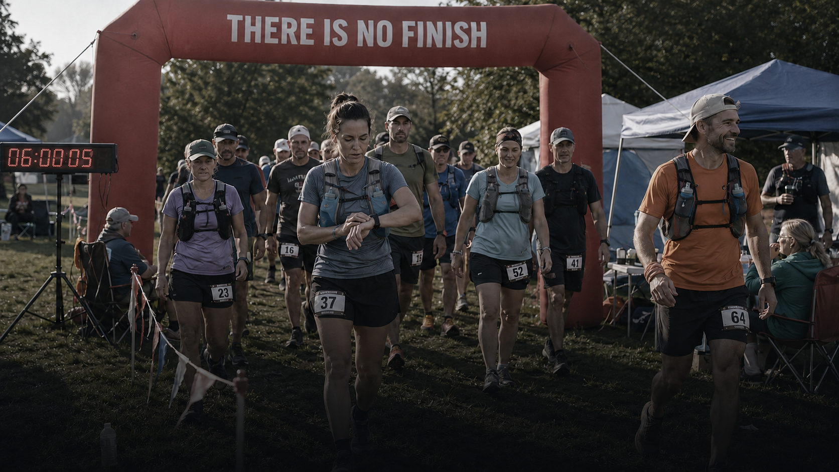 Woman at the start of a Backyard Ultra, 6 hours in