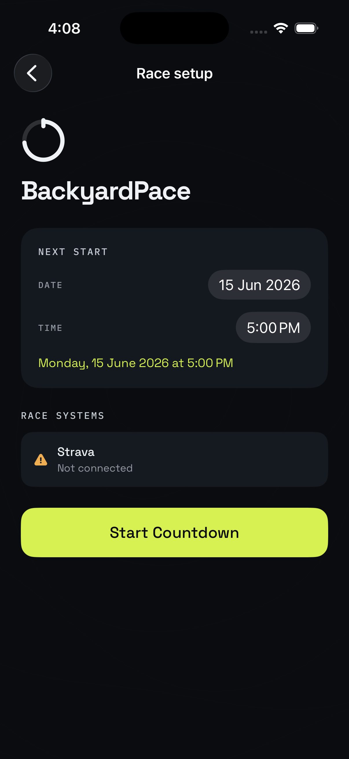 BackyardPace race setup screen