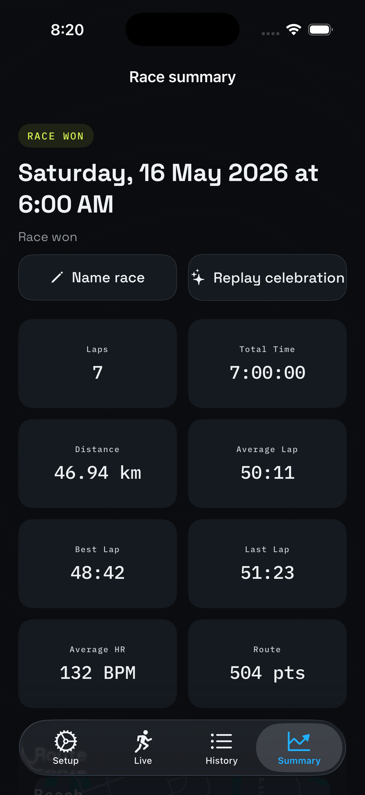 iPhone showing race summary with GPS route